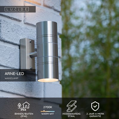 Lucide ARNE-LED - Wandlamp Binnen/Buiten - Ø 6,3 cm - LED - GU10 - 2x5W 2700K - IP44 - Mat chroom